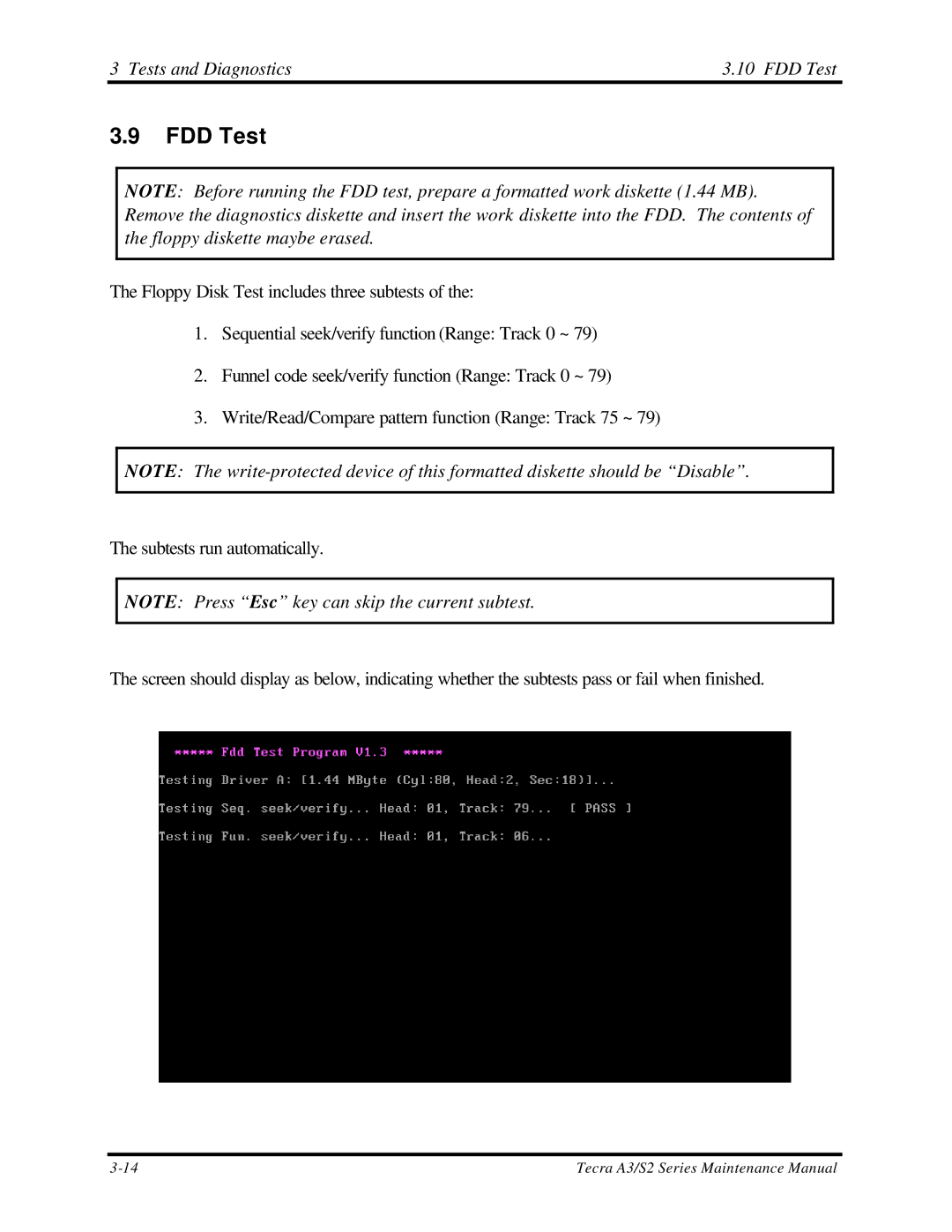 Toshiba S2 manual Tests and Diagnostics FDD Test 