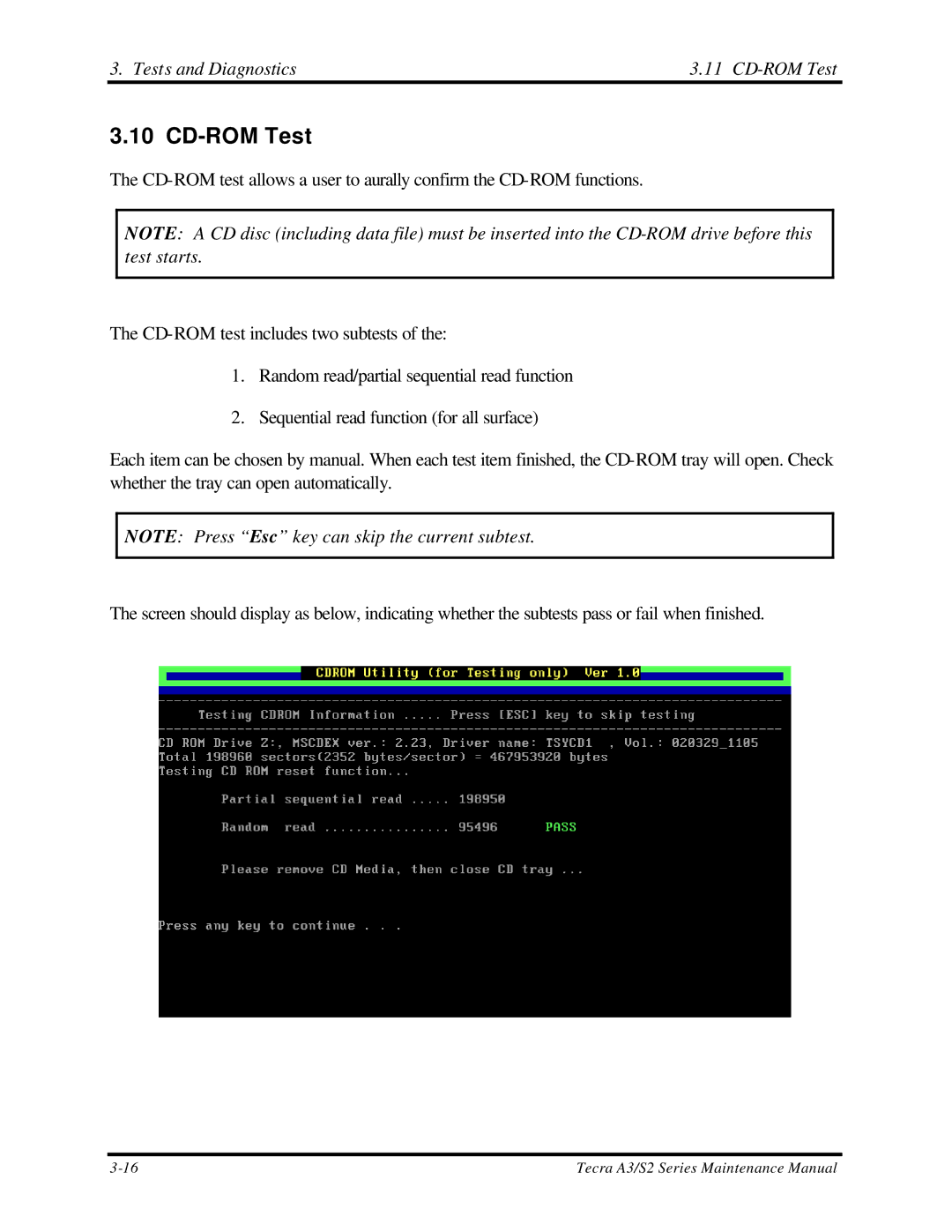 Toshiba S2 manual Tests and Diagnostics CD-ROM Test 