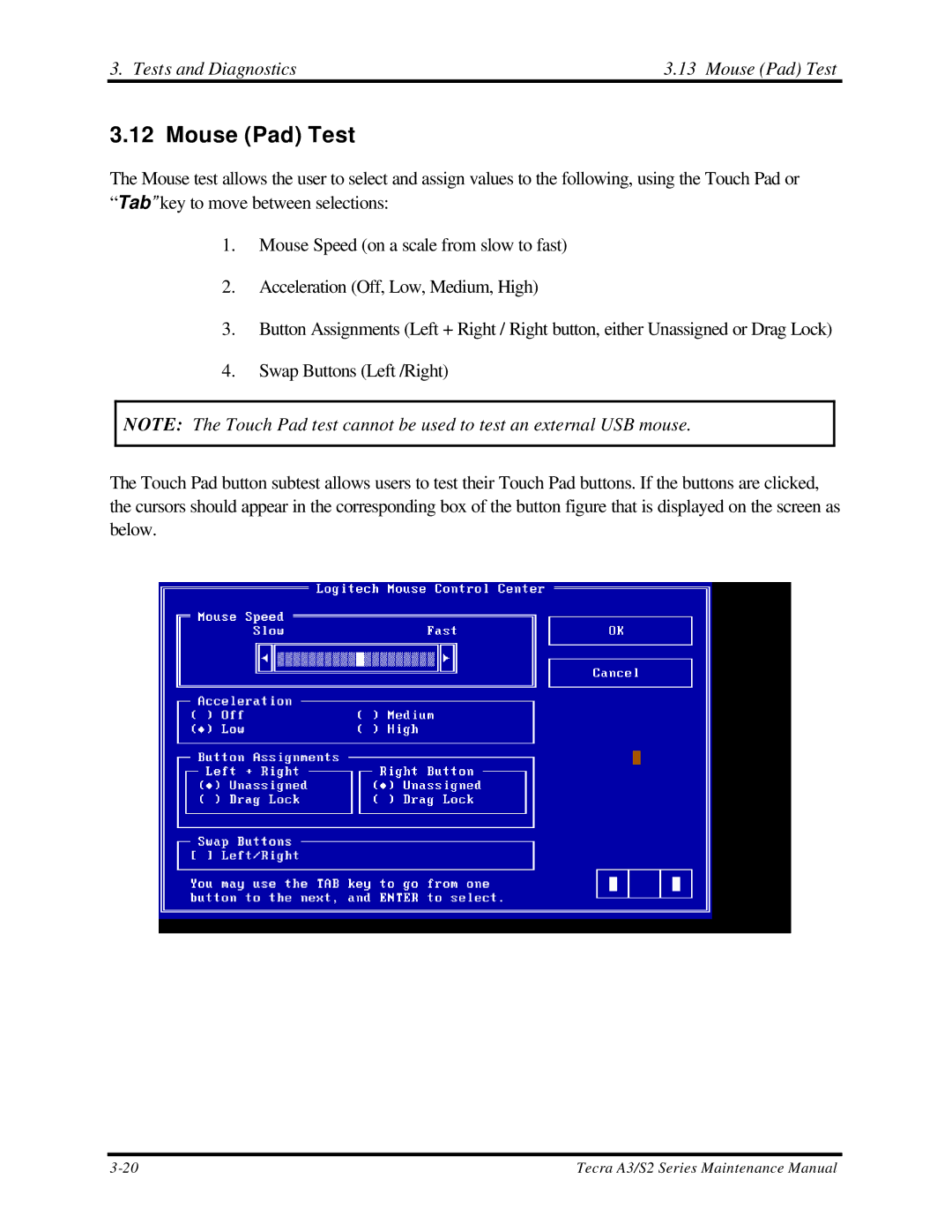 Toshiba S2 manual Tests and Diagnostics Mouse Pad Test 