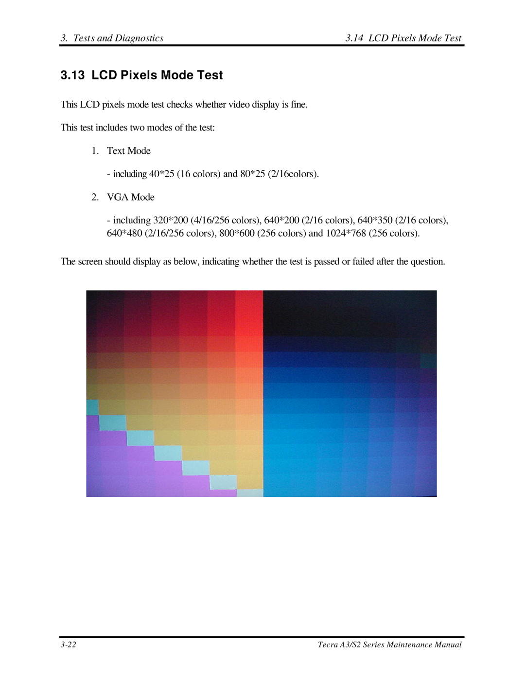 Toshiba S2 manual Tests and Diagnostics LCD Pixels Mode Test 