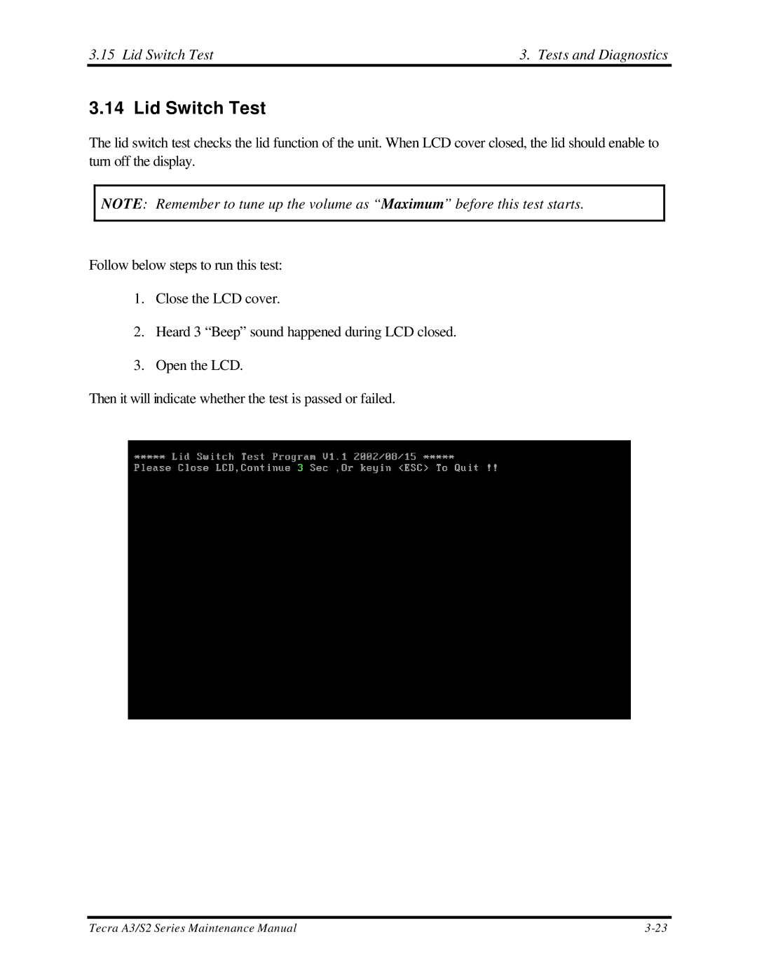 Toshiba S2 manual Lid Switch Test Tests and Diagnostics 