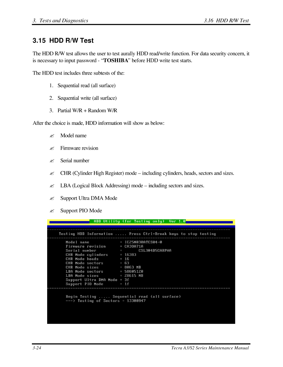 Toshiba S2 manual Tests and Diagnostics HDD R/W Test 