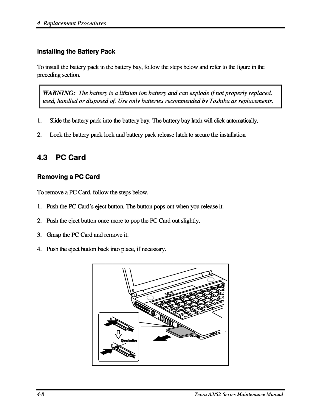 Toshiba S2 manual Installing the Battery Pack, Removing a PC Card, Replacement Procedures 