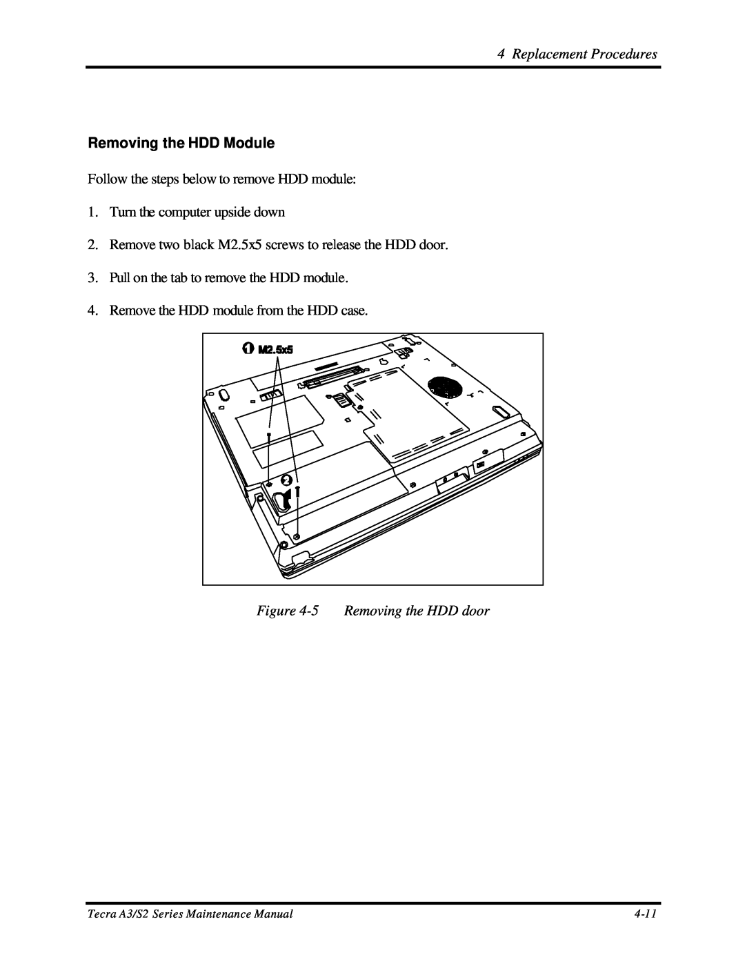 Toshiba Removing the HDD Module, 5 Removing the HDD door, Replacement Procedures, Tecra A3/S2 Series Maintenance Manual 