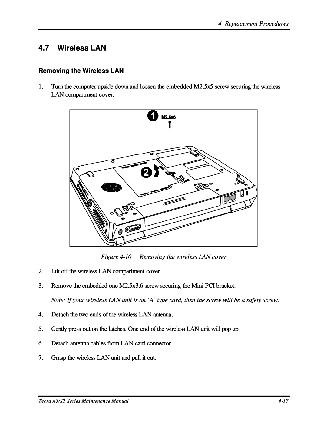 Toshiba S2 manual Removing the Wireless LAN, 10 Removing the wireless LAN cover, Replacement Procedures 