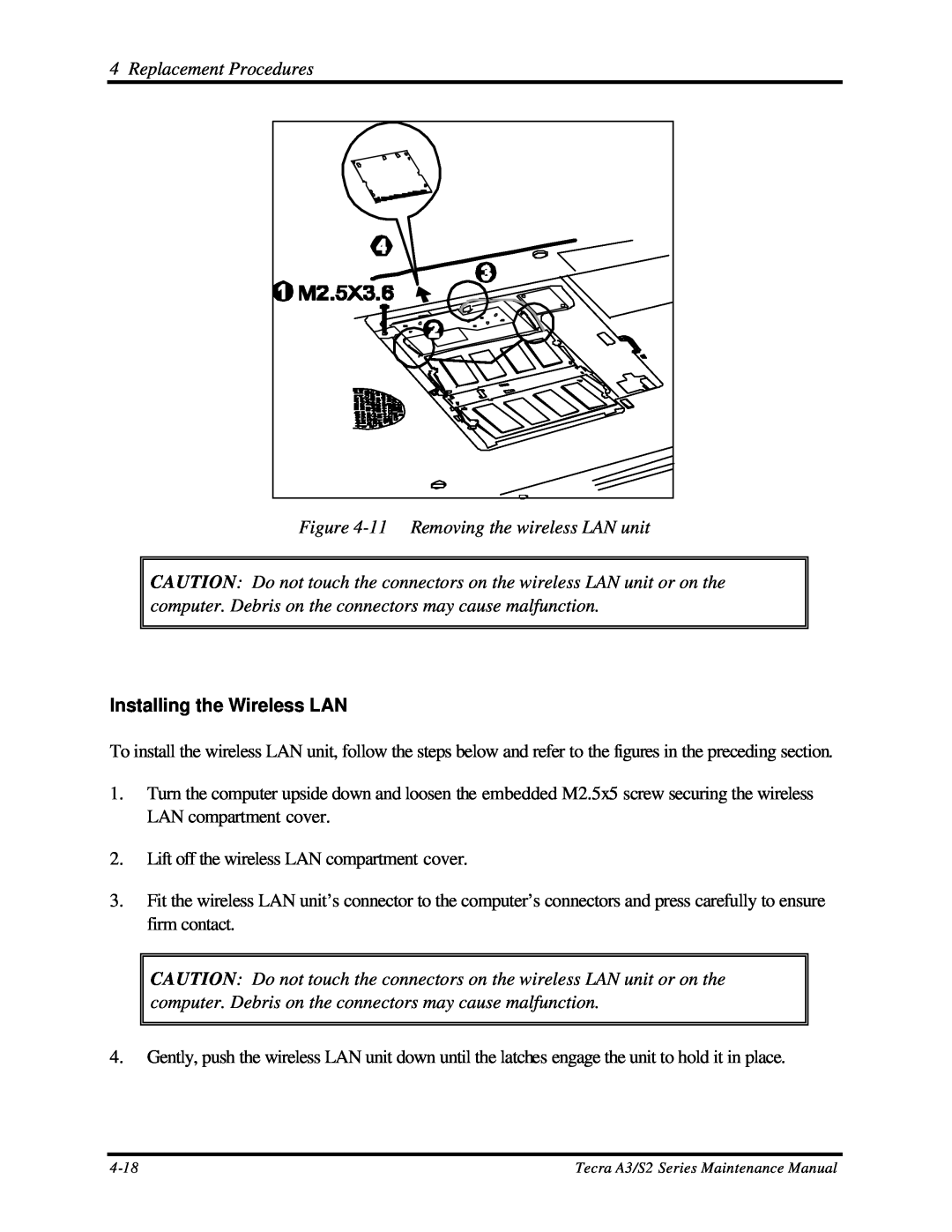 Toshiba S2 manual 11 Removing the wireless LAN unit, Installing the Wireless LAN, Replacement Procedures 