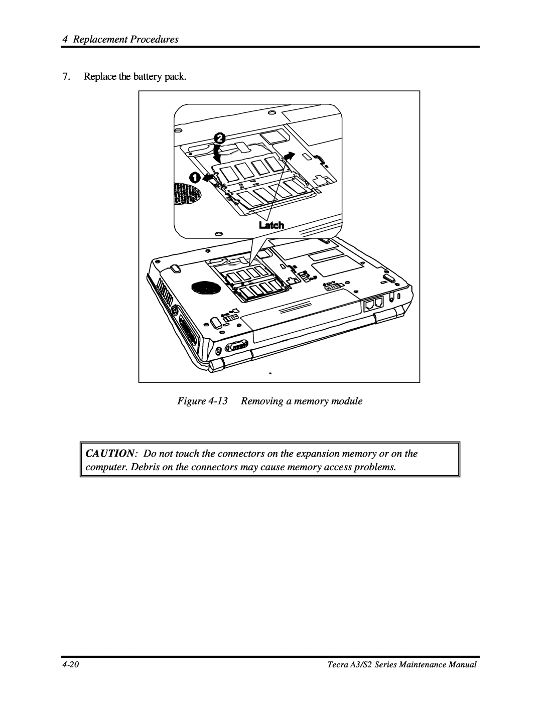 Toshiba S2 manual 13 Removing a memory module, Replacement Procedures, Replace the battery pack, 4-20 