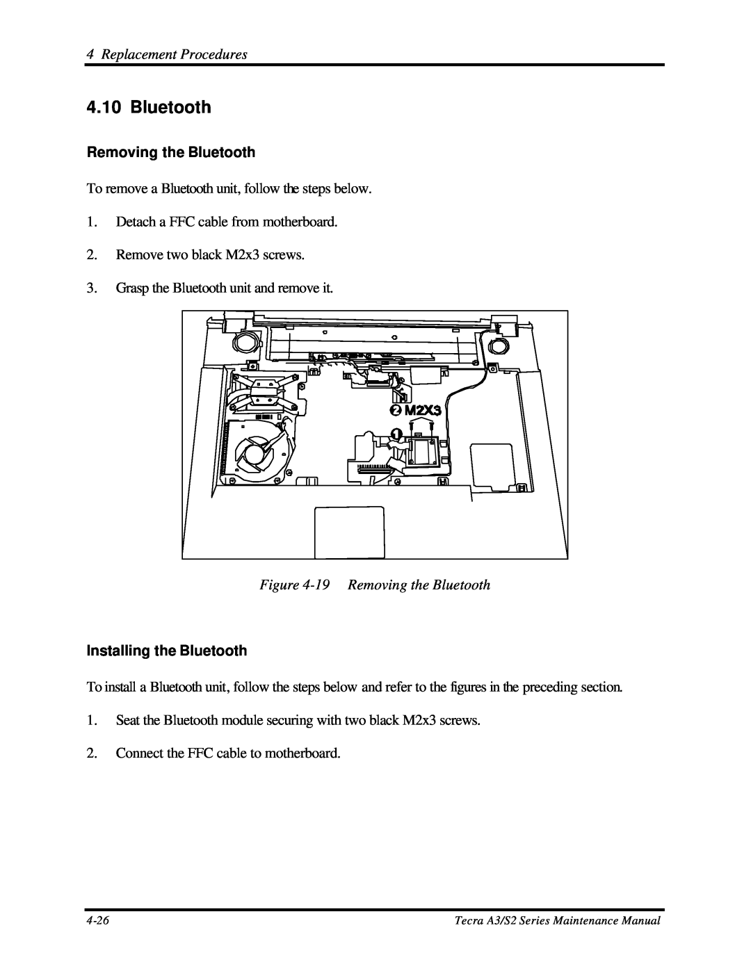 Toshiba S2 manual 19 Removing the Bluetooth, Installing the Bluetooth, Replacement Procedures 