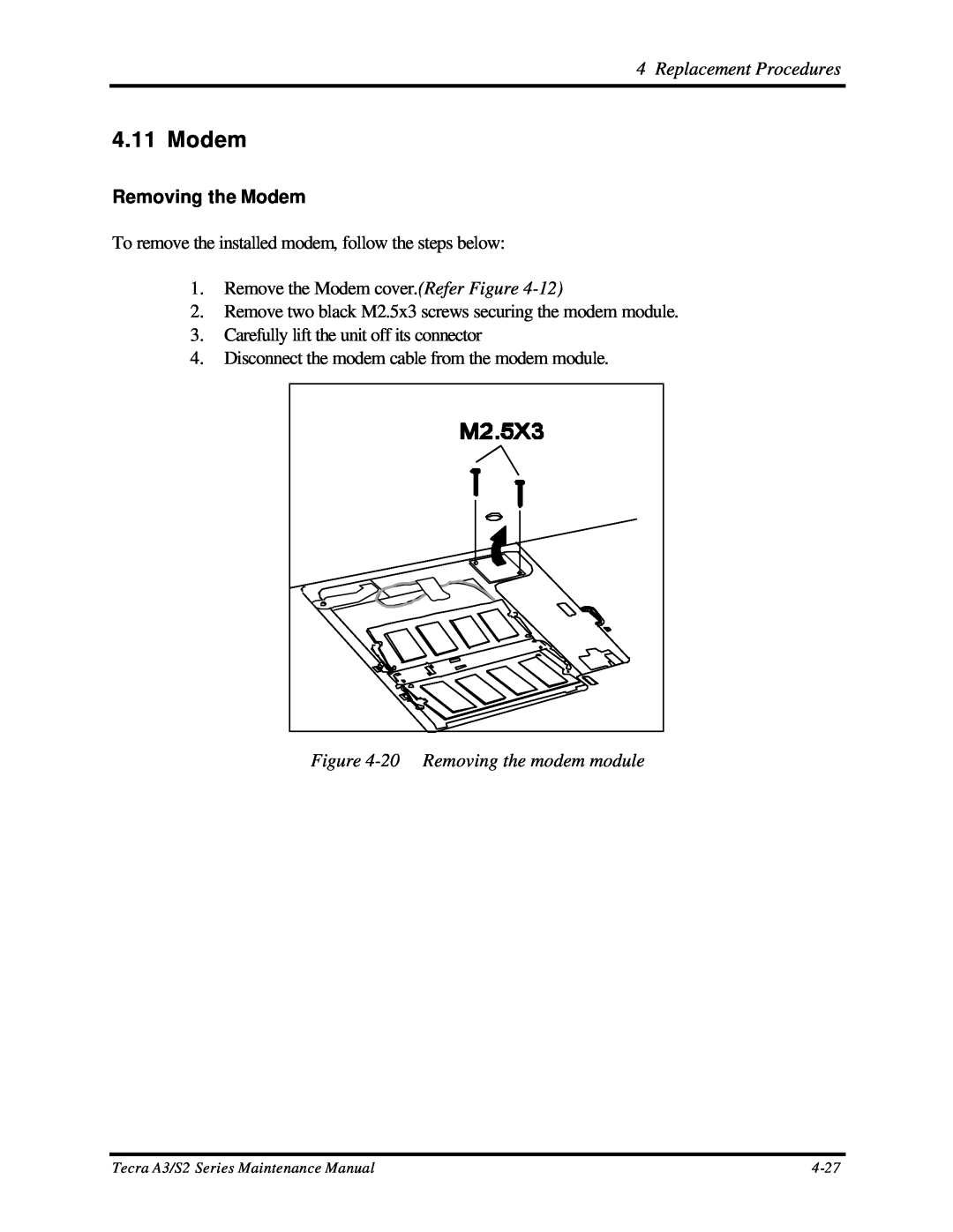 Toshiba S2 manual Removing the Modem, 20 Removing the modem module, Replacement Procedures, 4-27 