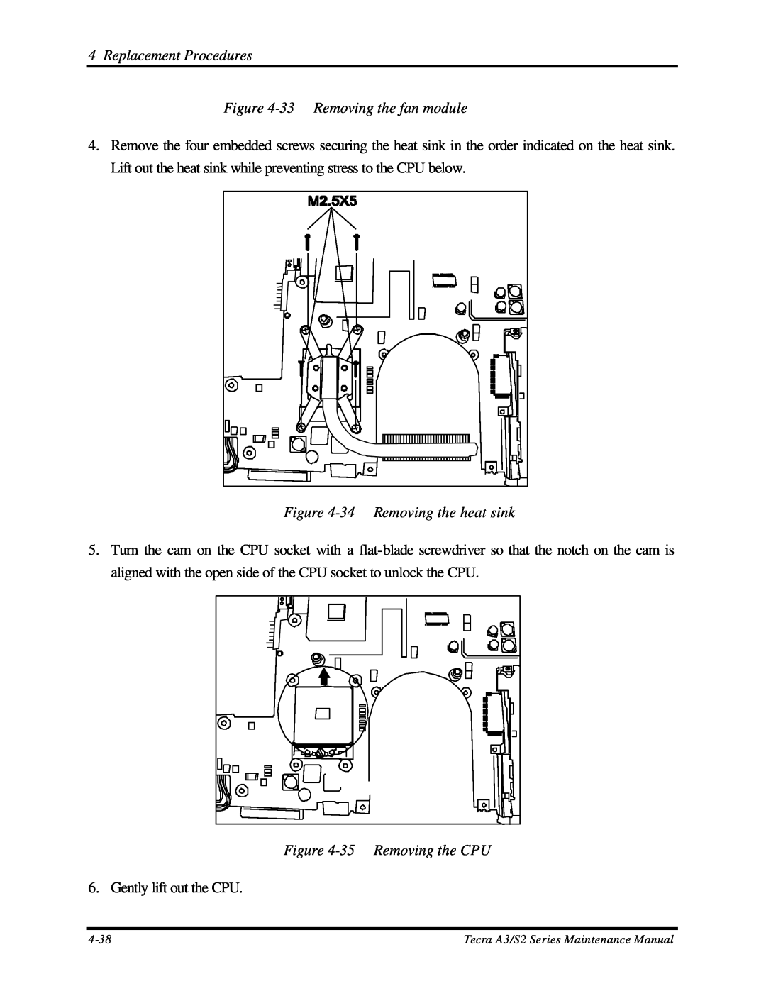 Toshiba S2 manual 33 Removing the fan module, 34 Removing the heat sink, 35 Removing the CPU, Replacement Procedures 