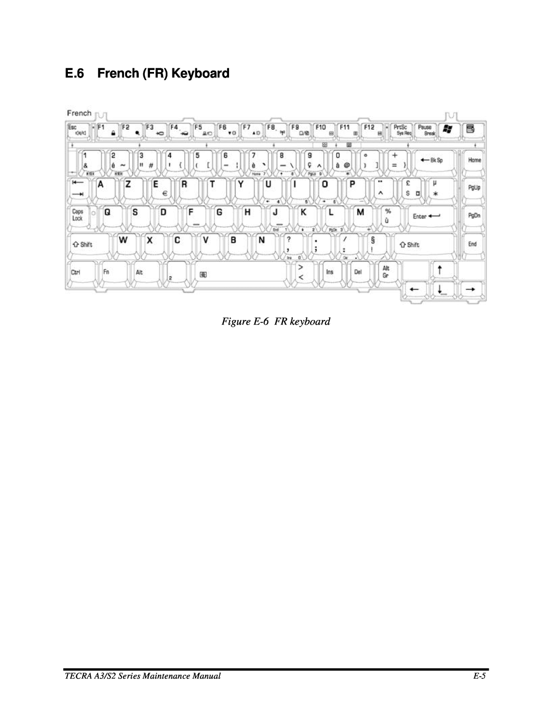 Toshiba manual E.6 French FR Keyboard, Figure E-6 FR keyboard, TECRA A3/S2 Series Maintenance Manual 
