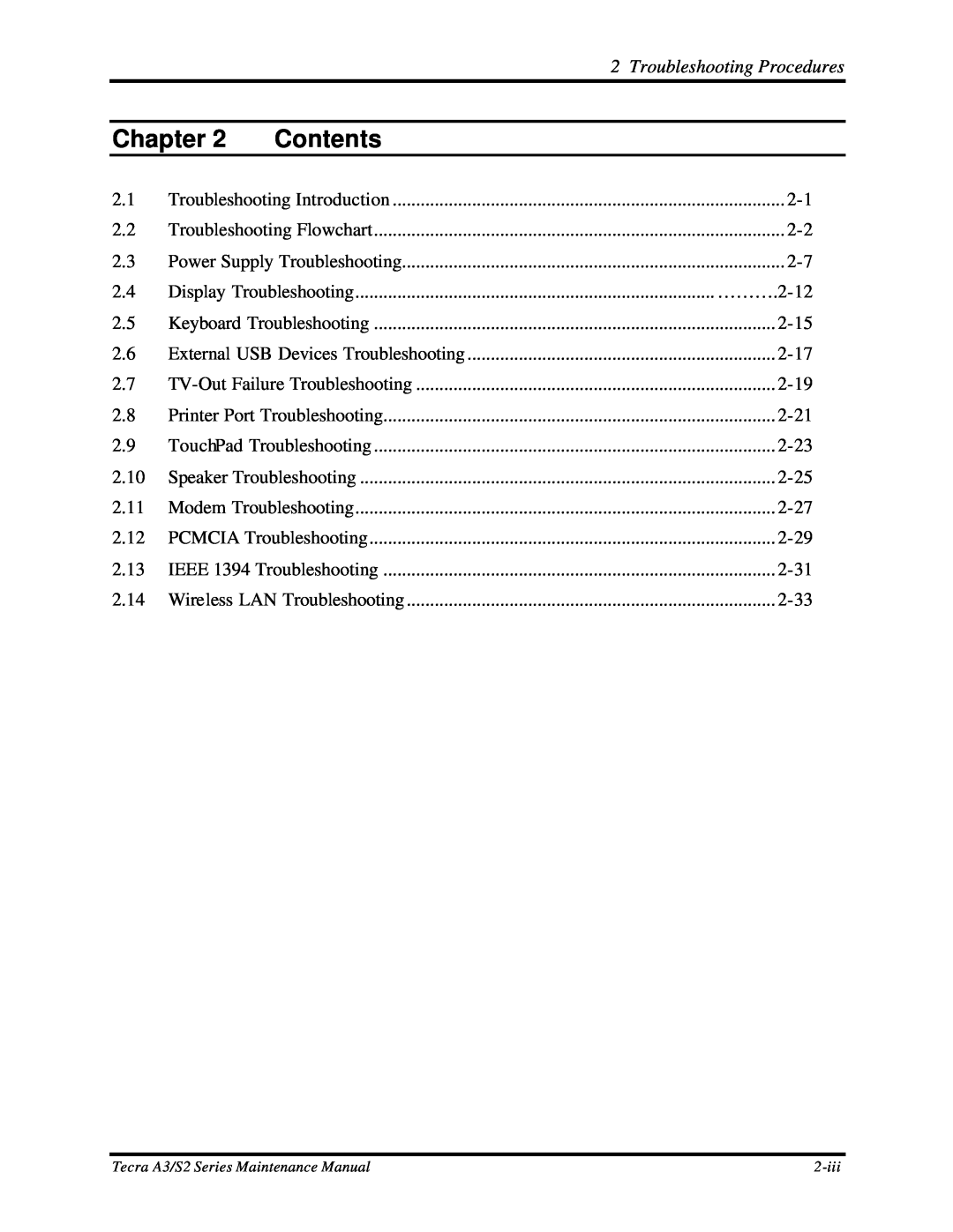 Toshiba S2 manual Chapter, Contents, Troubleshooting Procedures, Troubleshooting Introduction 