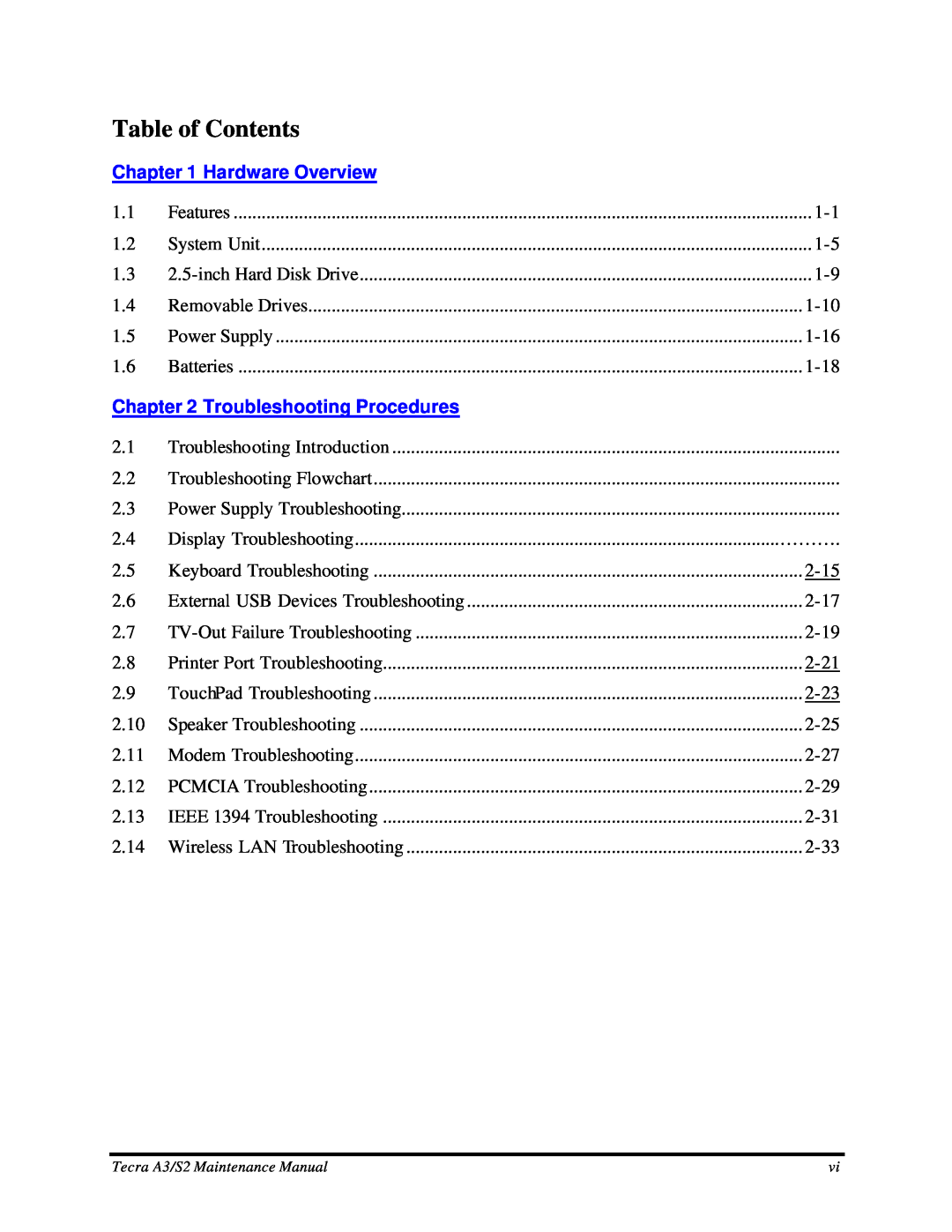 Toshiba S2 manual Table of Contents, Hardware Overview, Troubleshooting Procedures 
