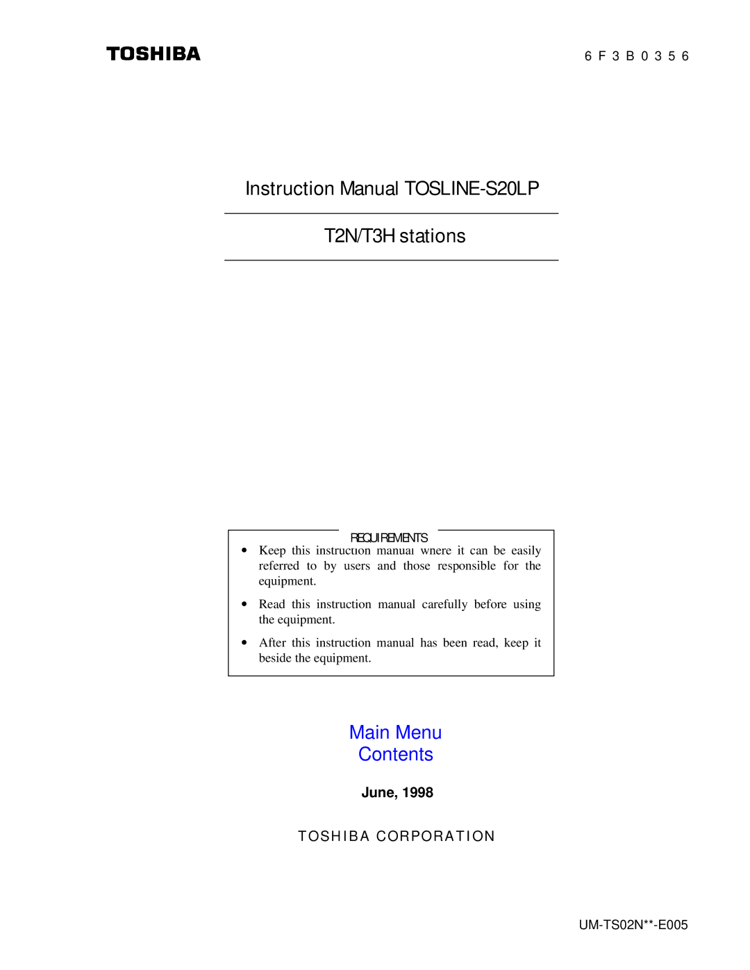 Toshiba S20LP instruction manual T2N/T3H stations 