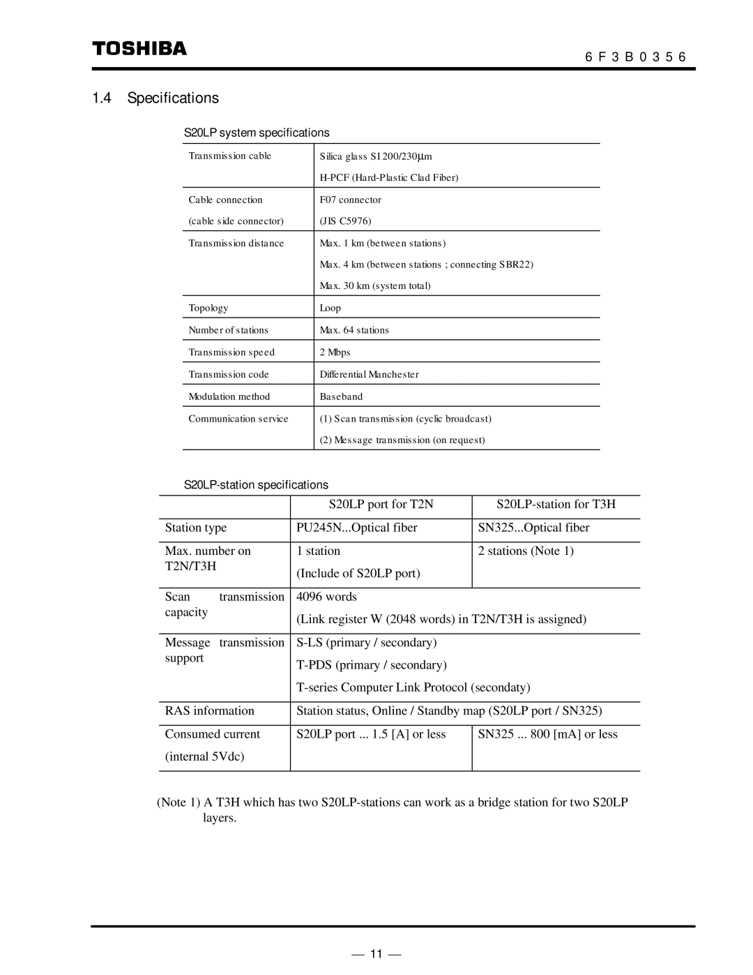 Toshiba instruction manual Specifications, S20LP system specifications, S20LP-station specifications 