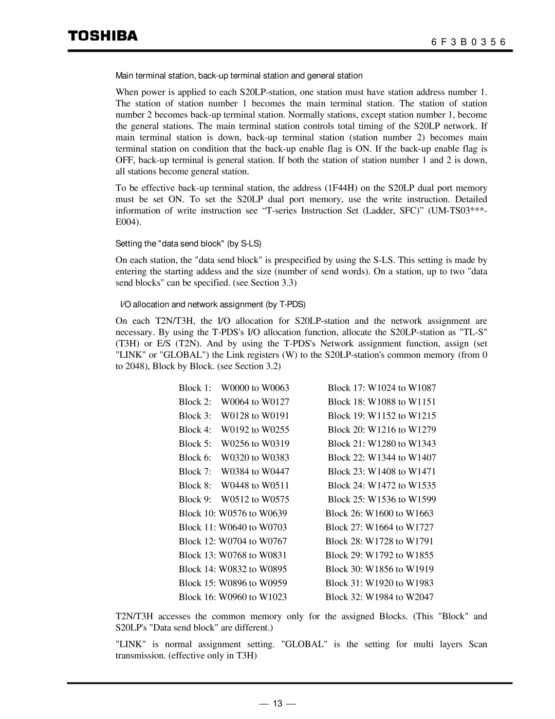 Toshiba S20LP instruction manual Setting the data send block by S-LS, Allocation and network assignment by T-PDS 