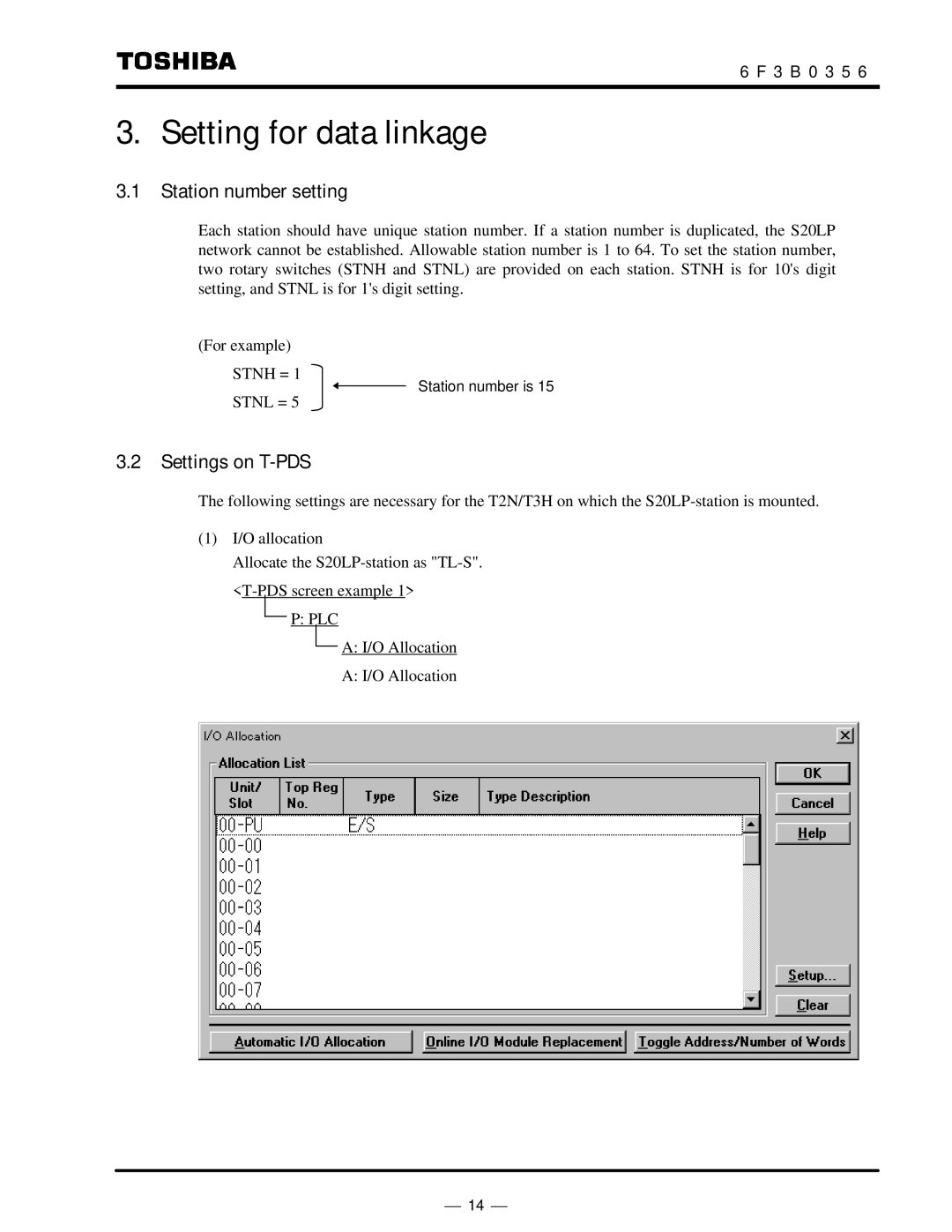 Toshiba S20LP instruction manual Setting for data linkage, Station number setting, Settings on T-PDS 