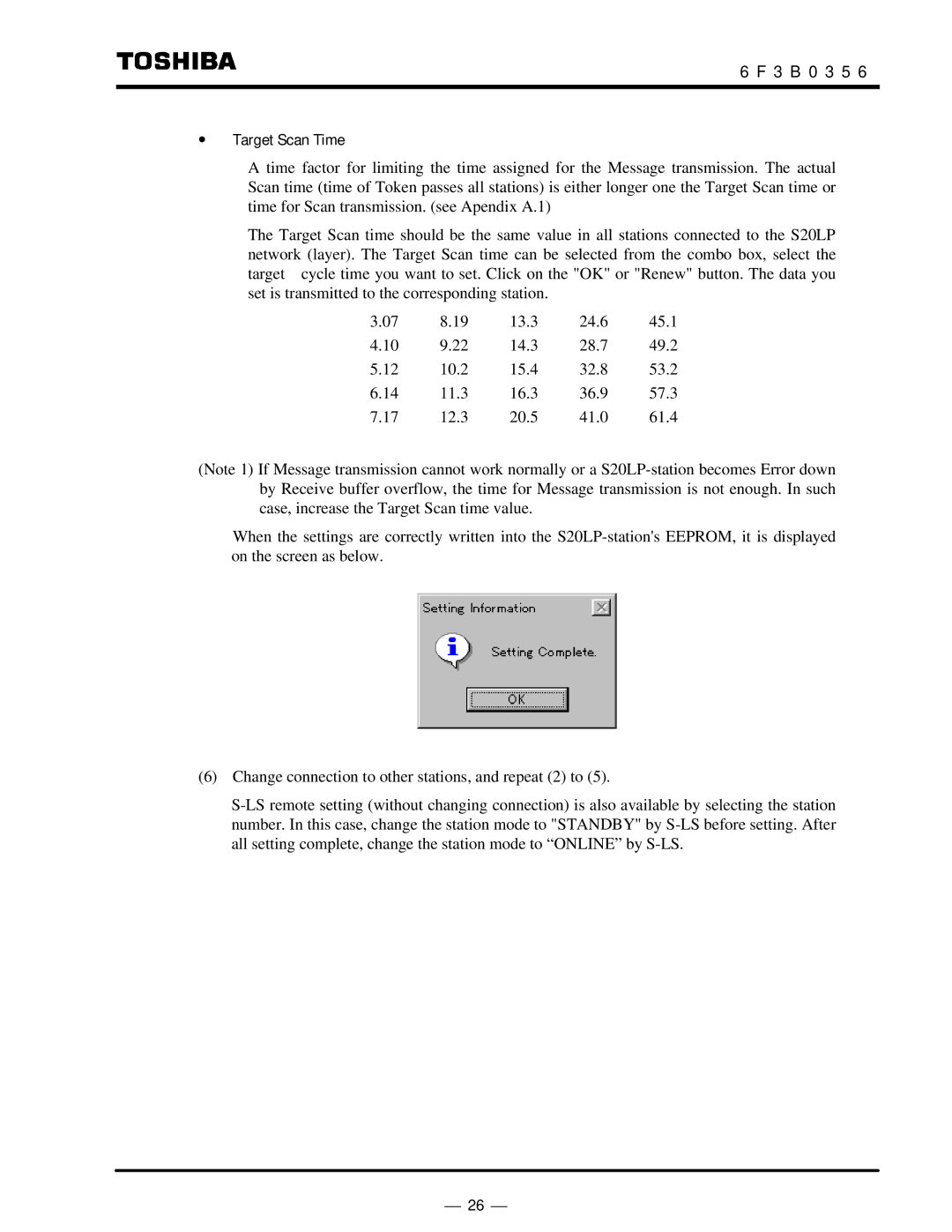 Toshiba S20LP instruction manual ∙ Target Scan Time 