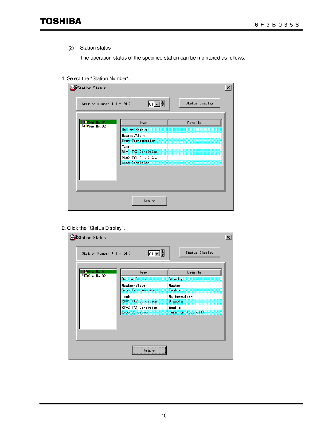 Toshiba S20LP instruction manual Station status, Select the Station Number Click the Status Display 