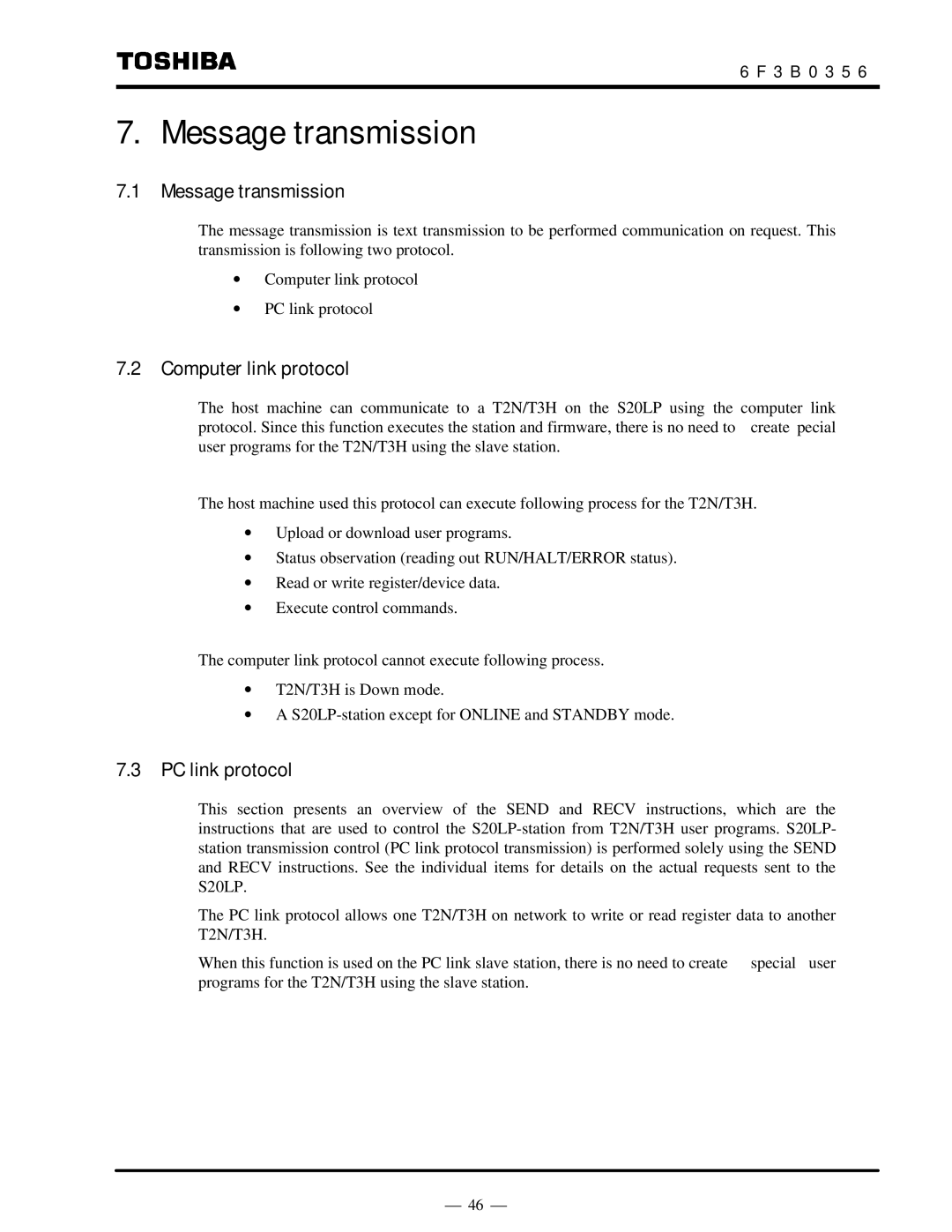 Toshiba S20LP instruction manual Message transmission, Computer link protocol, PC link protocol 