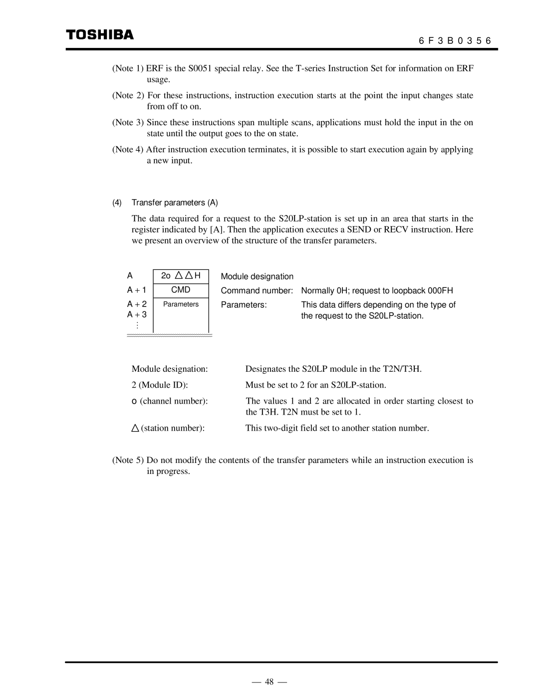 Toshiba S20LP instruction manual Transfer parameters a, Cmd 