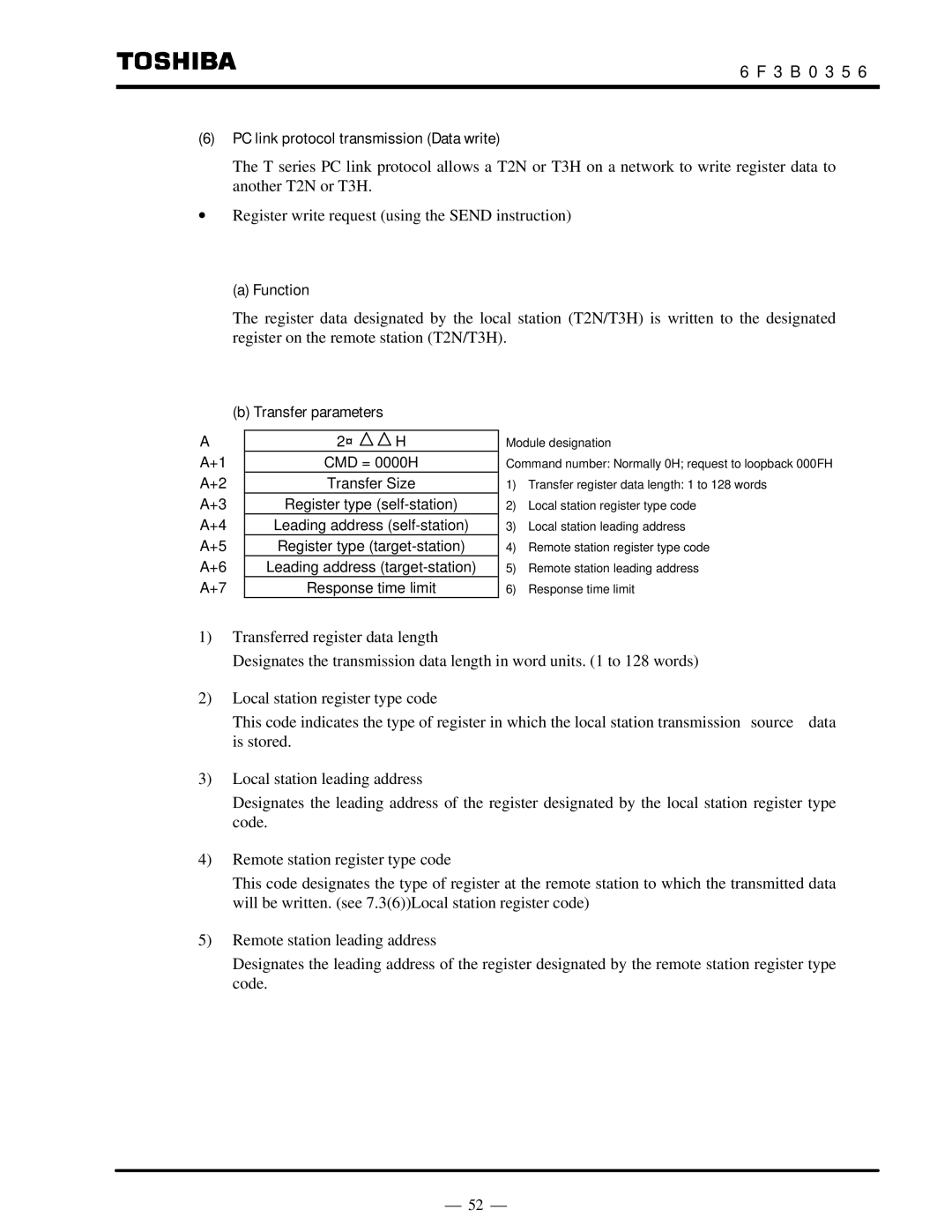 Toshiba S20LP instruction manual PC link protocol transmission Data write, Transfer parameters 