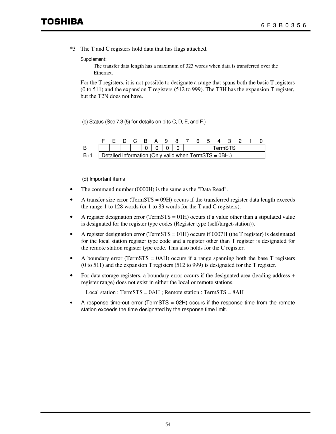 Toshiba S20LP instruction manual Status See 7.3 5 for details on bits C, D, E, and F, Important items 