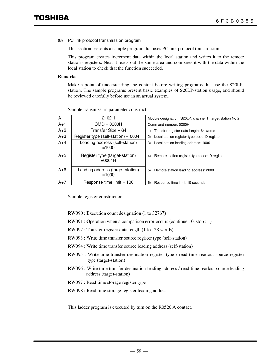 Toshiba S20LP instruction manual PC link protocol transmission program, Remarks 