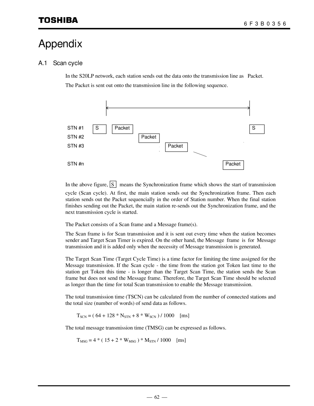 Toshiba S20LP instruction manual Appendix, Scan cycle 