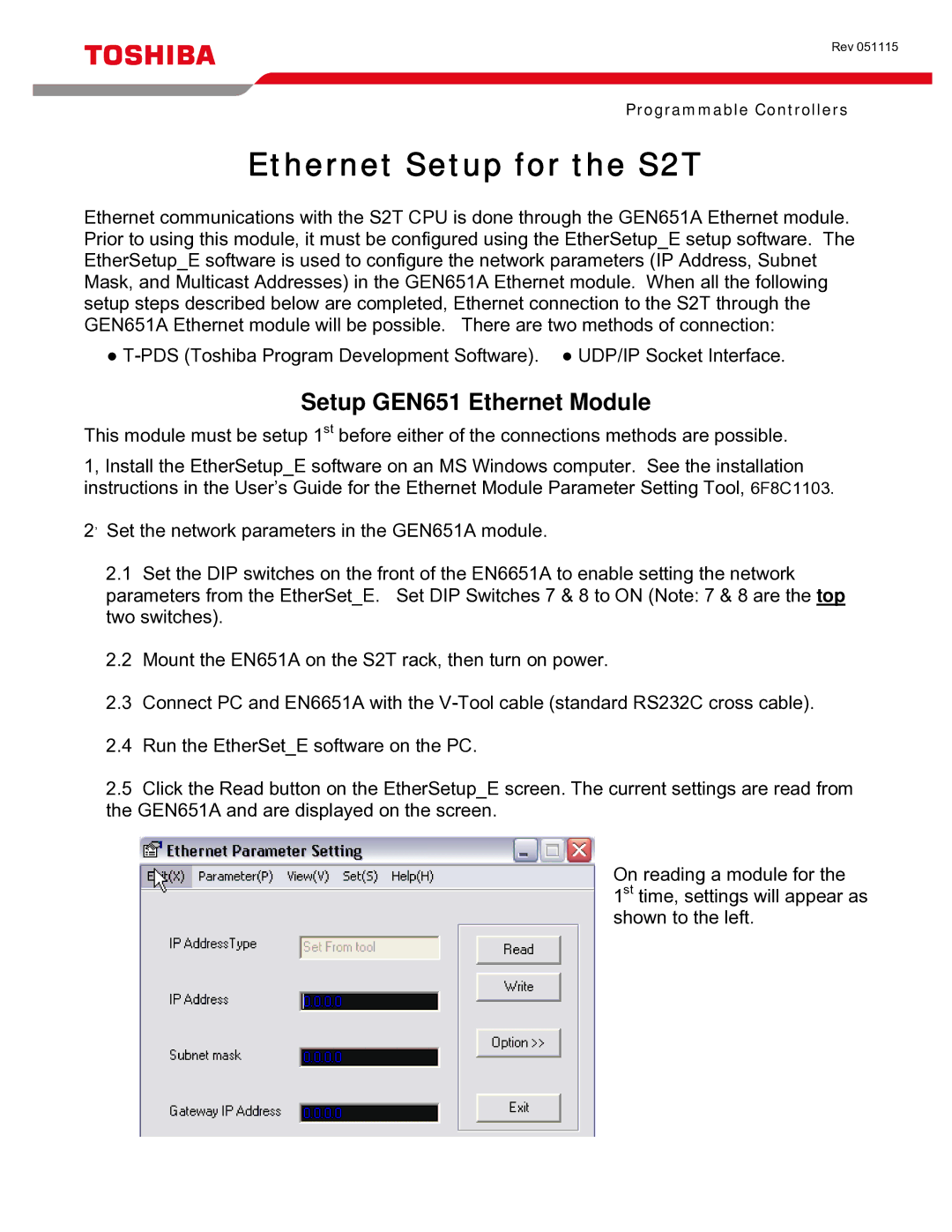 Toshiba installation instructions Ethernet Setup for the S2T, Setup GEN651 Ethernet Module 