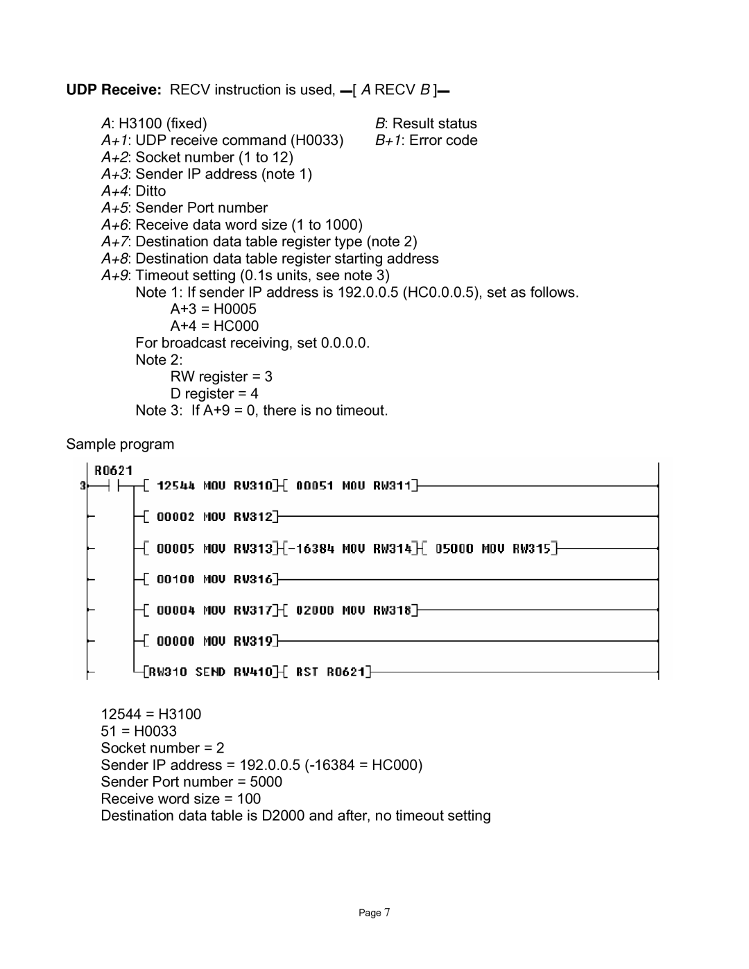 Toshiba S2T installation instructions UDP Receive Recv instruction is used, a Recv B 