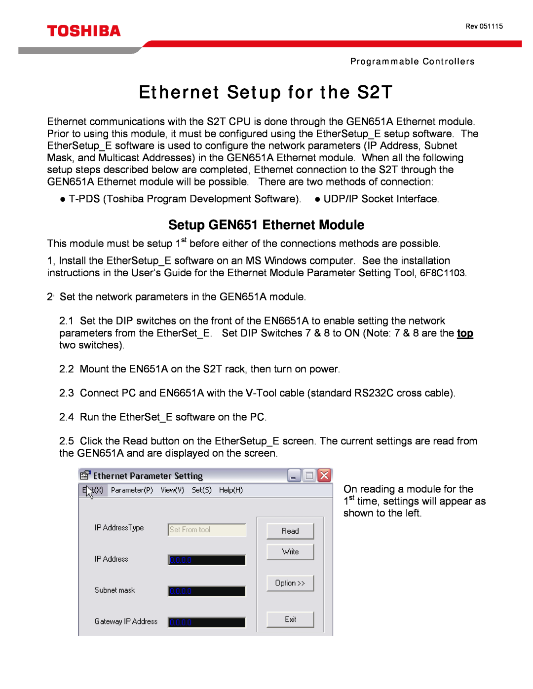 Toshiba installation instructions Setup GEN651 Ethernet Module, Ethernet Setup for the S2T 
