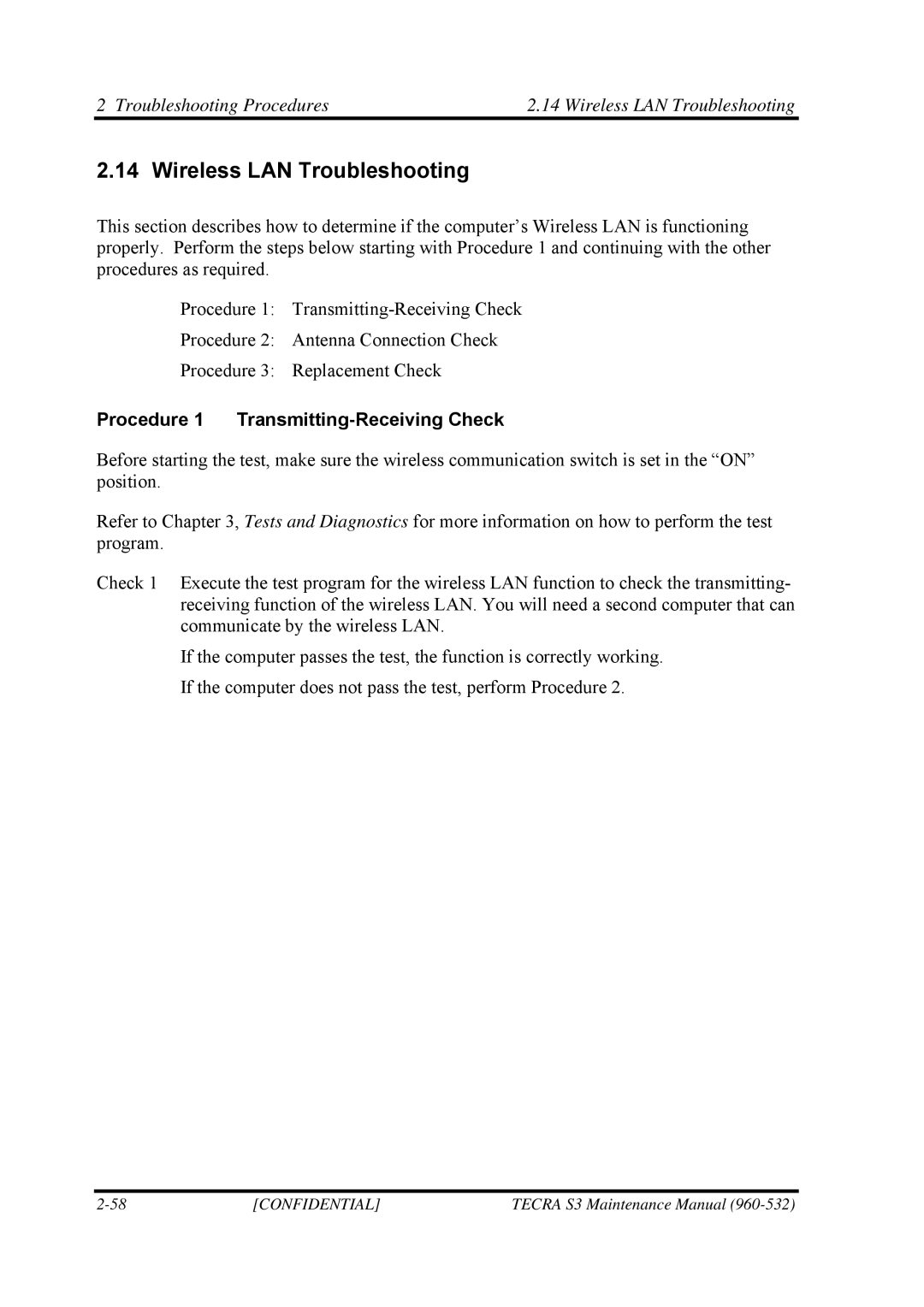 Toshiba S4 manual Troubleshooting Procedures Wireless LAN Troubleshooting, Procedure 1 Transmitting-Receiving Check 