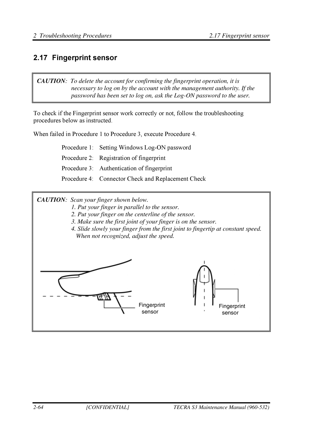 Toshiba S4 manual Troubleshooting Procedures Fingerprint sensor 