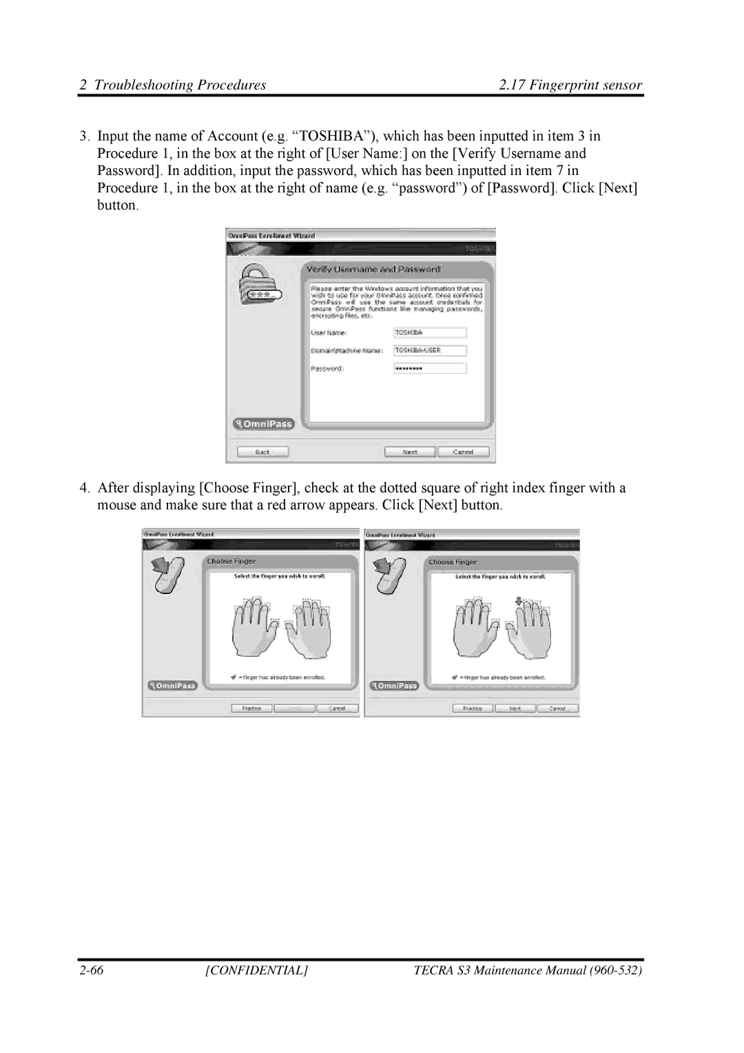 Toshiba S4 manual Troubleshooting Procedures Fingerprint sensor 