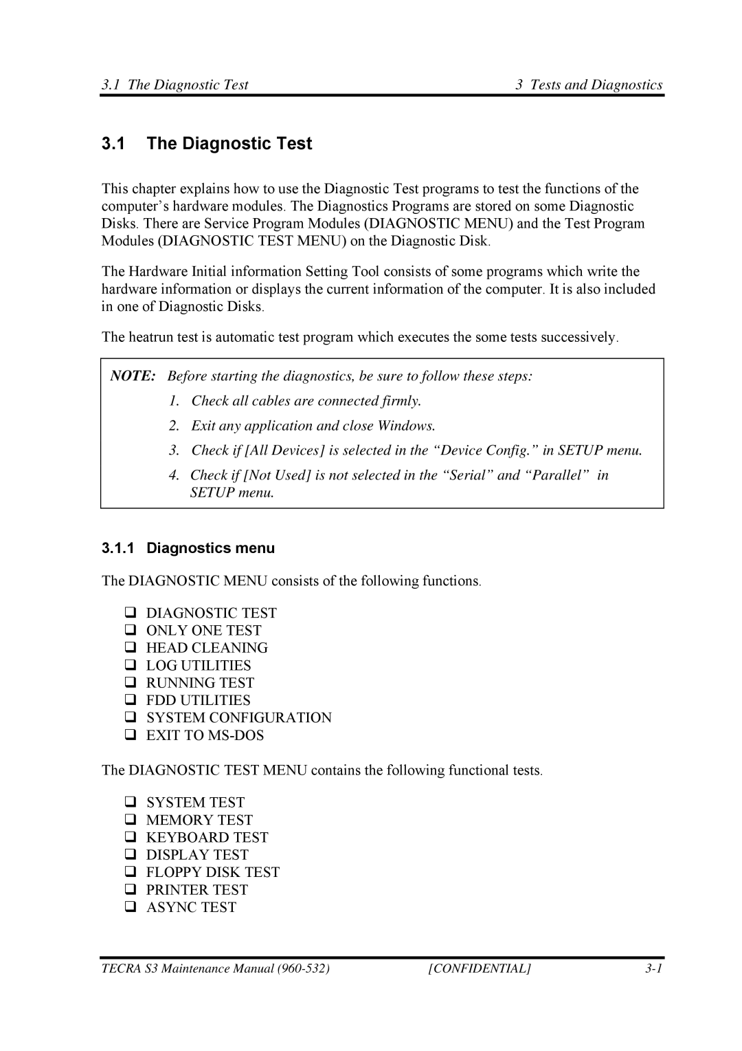 Toshiba S4 manual Diagnostic Test Tests and Diagnostics, Diagnostics menu 