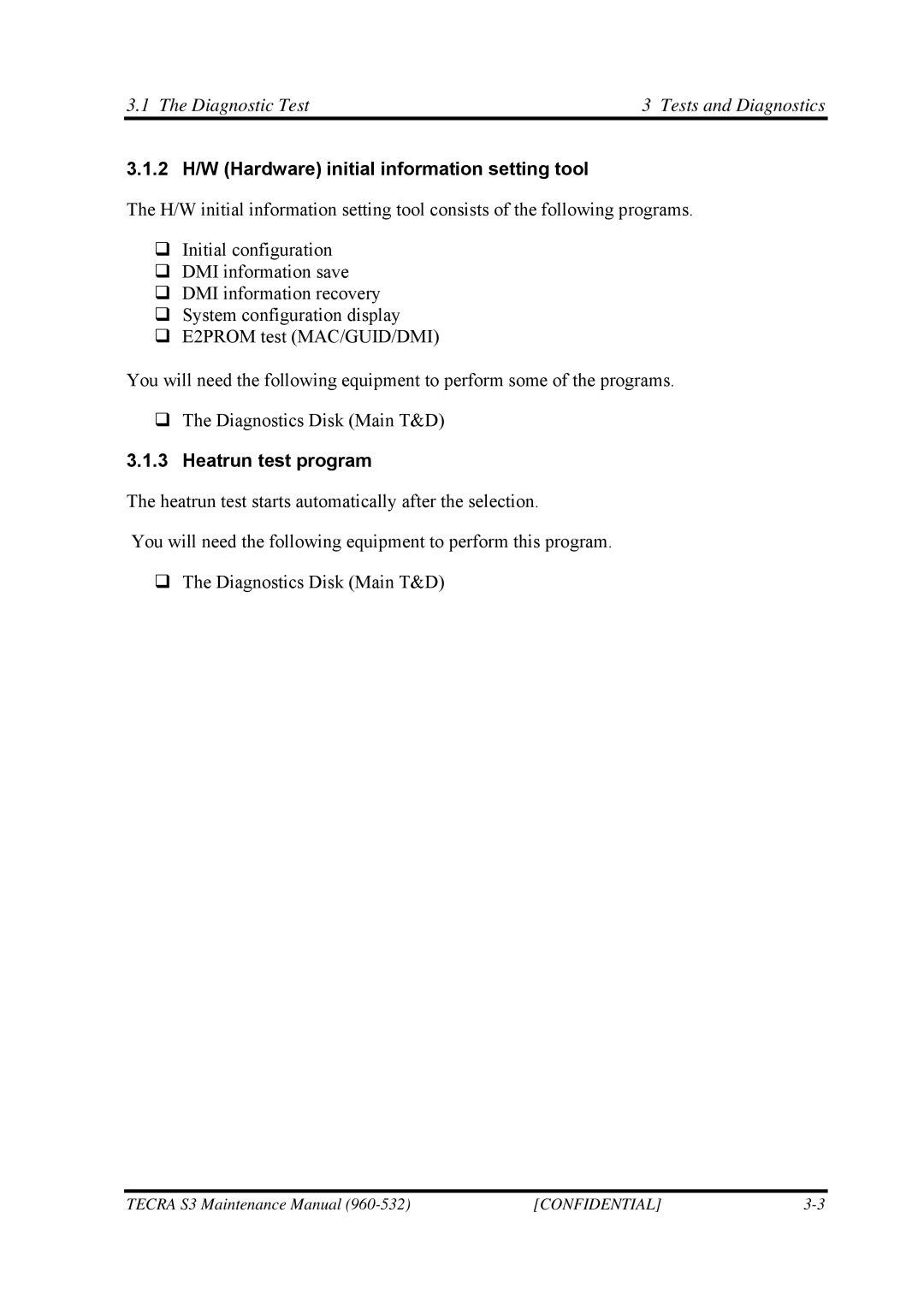 Toshiba S4 manual 2 H/W Hardware initial information setting tool, Heatrun test program 