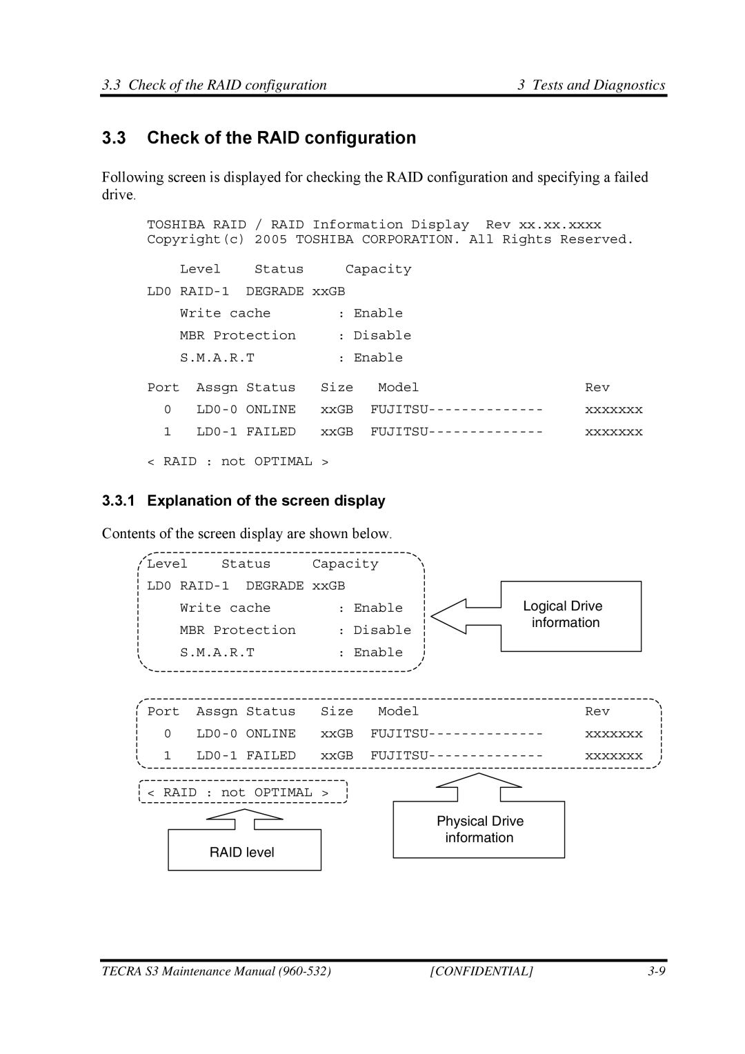 Toshiba S4 manual Check of the RAID configuration Tests and Diagnostics, Explanation of the screen display 