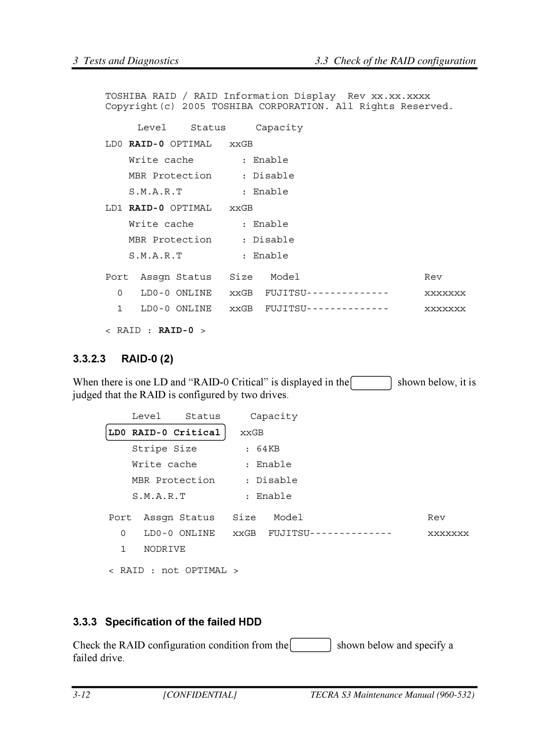 Toshiba S4 manual Specification of the failed HDD, LD1 RAID-0 