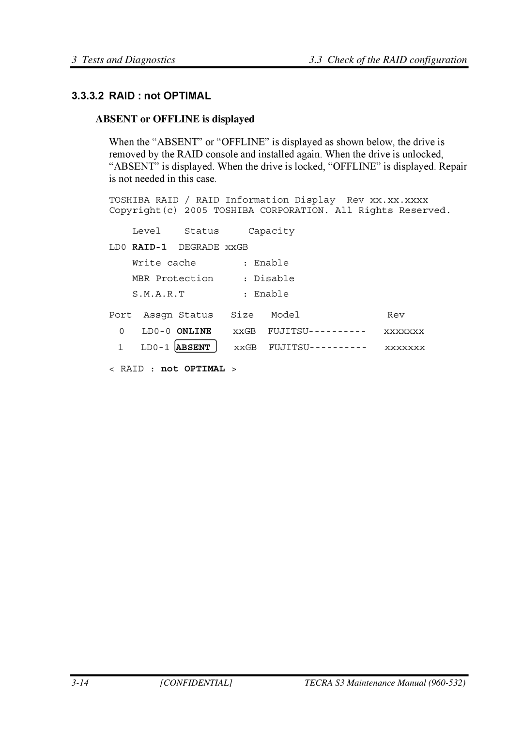 Toshiba S4 manual RAID not Optimal, Absent or Offline is displayed 