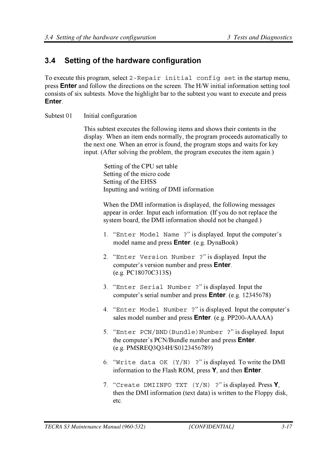 Toshiba S4 manual Setting of the hardware configuration Tests and Diagnostics 