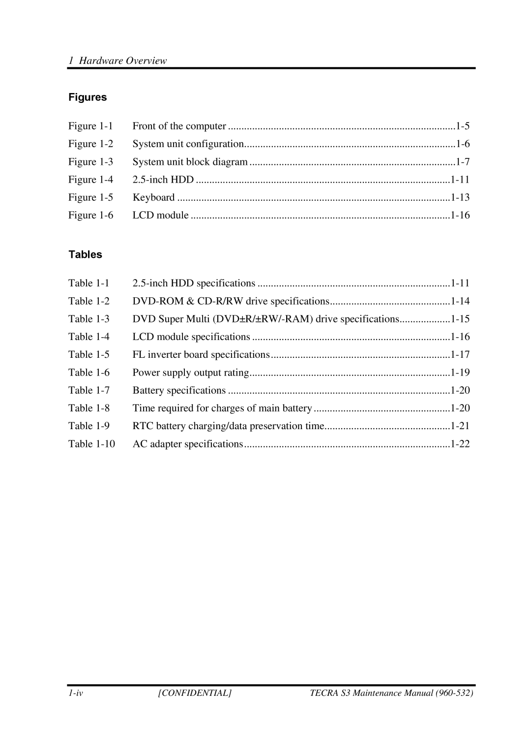 Toshiba S4 manual Figures, Tables 