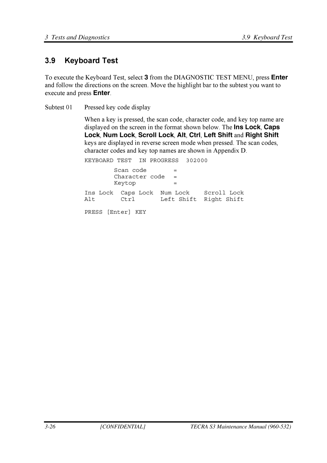 Toshiba S4 manual Tests and Diagnostics Keyboard Test 