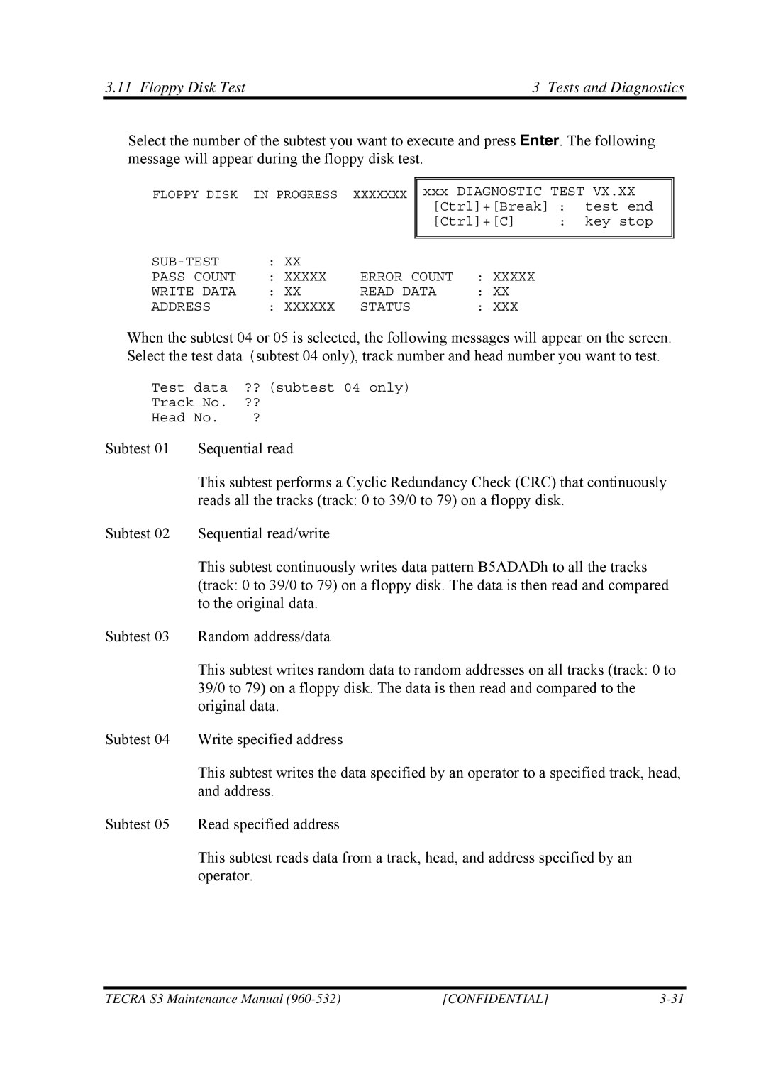 Toshiba S4 manual Floppy Disk Test Tests and Diagnostics 