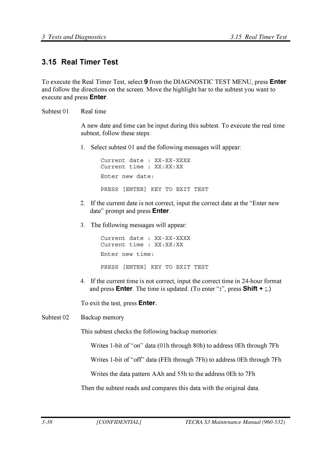 Toshiba S4 manual Tests and Diagnostics Real Timer Test 