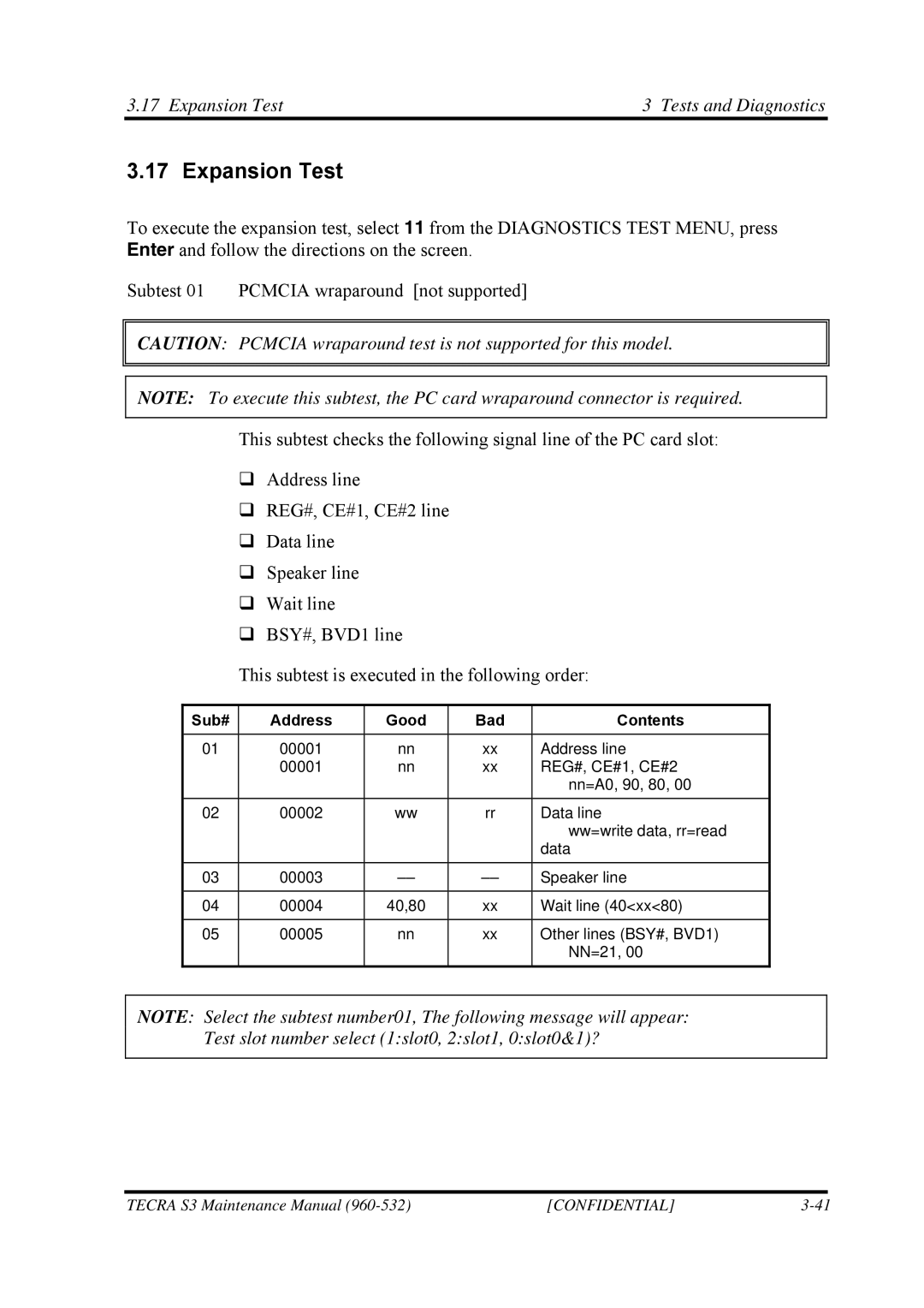 Toshiba S4 manual Expansion Test Tests and Diagnostics, Sub# Address Good Bad Contents 