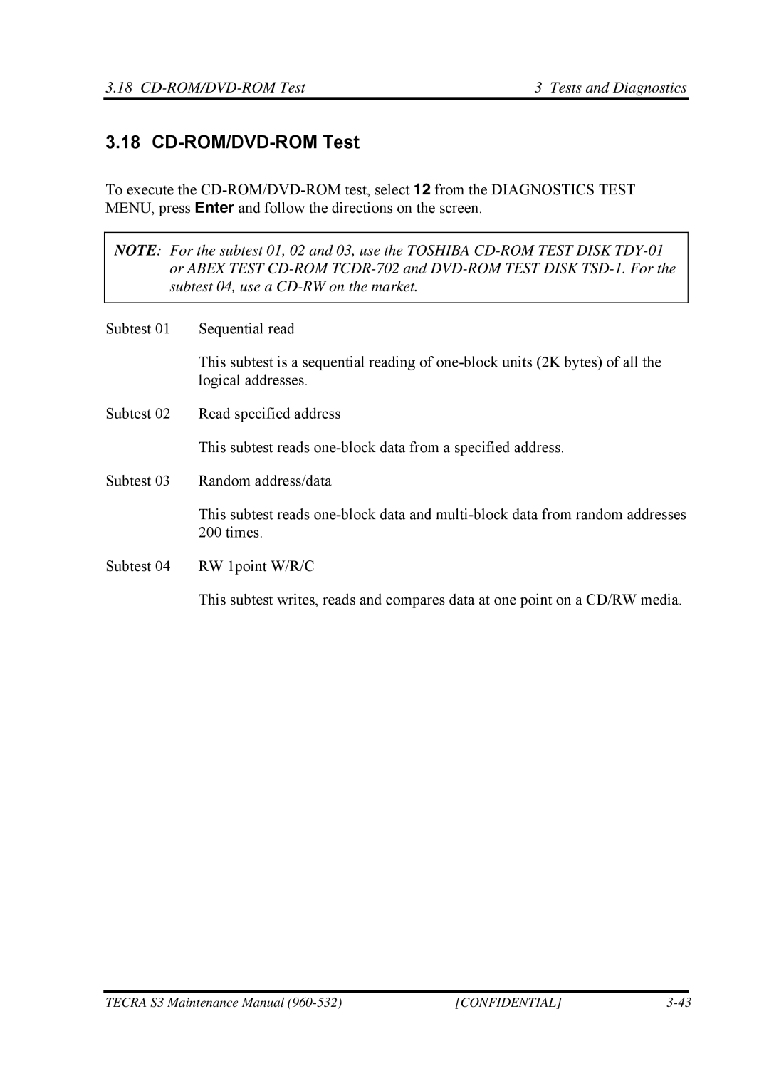 Toshiba S4 manual CD-ROM/DVD-ROM Test Tests and Diagnostics 