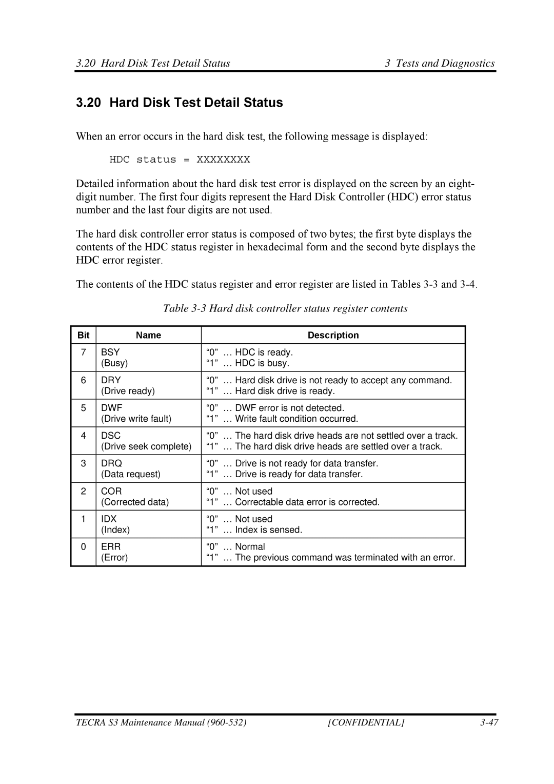 Toshiba S4 manual Hard Disk Test Detail Status Tests and Diagnostics, Hard disk controller status register contents 