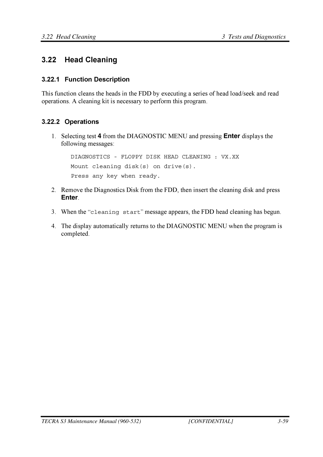 Toshiba S4 manual Head Cleaning Tests and Diagnostics, Function Description 