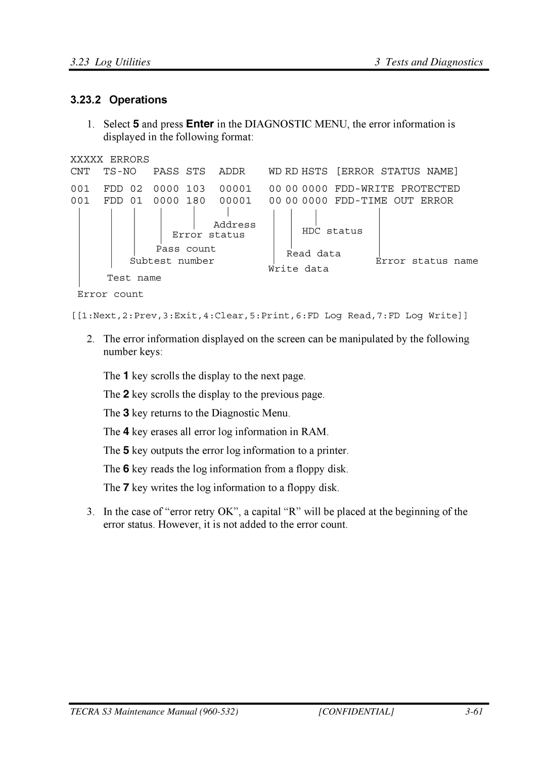 Toshiba S4 manual Log Utilities Tests and Diagnostics, 00 00 0000 FDD-WRITE Protected 